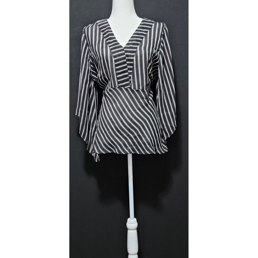 Millenium Womens Black White Striped V-Neck Bell Sleeve Blouse Top Size 14